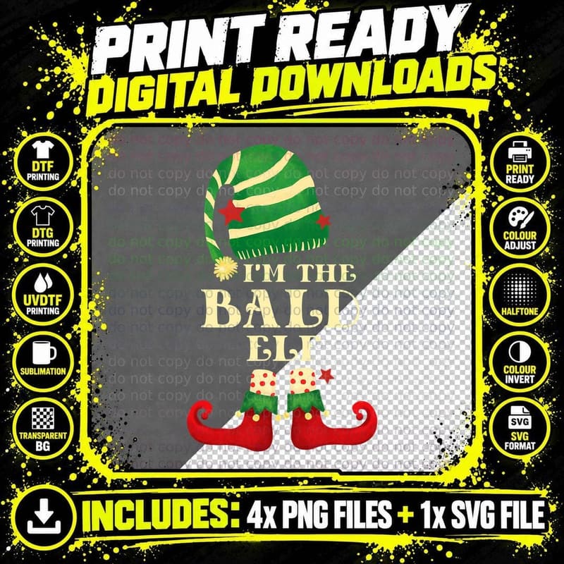 Santa the Bald Elf Christmas Matching Family Coworker Png SVG Digital Bundle