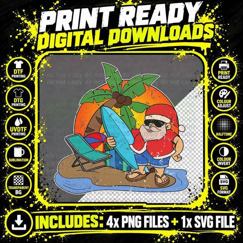 Sunset Funny Santa Claus Surfer Hawaiian Christmas in Png SVG Digital Bundle