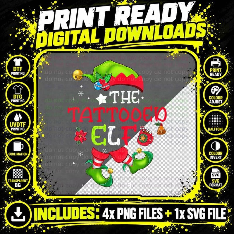 Tattooed Elf Matching Family Group Christmas Graphic Png SVG Digital Bundle