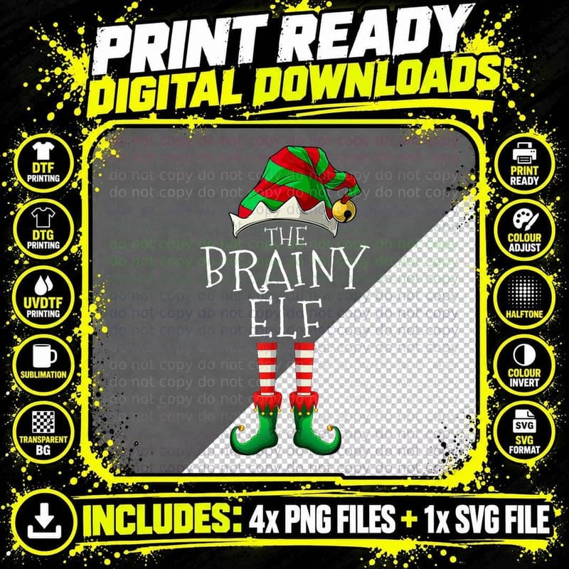 The Brainy Elf Funny Christmas Matching Family Pajama Png SVG Digital Bundle