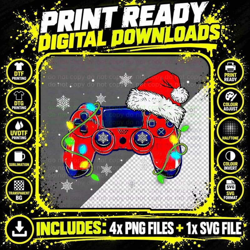 Video Game Controller Christmas Lights Santa Hat Funny Png SVG Digital Bundle
