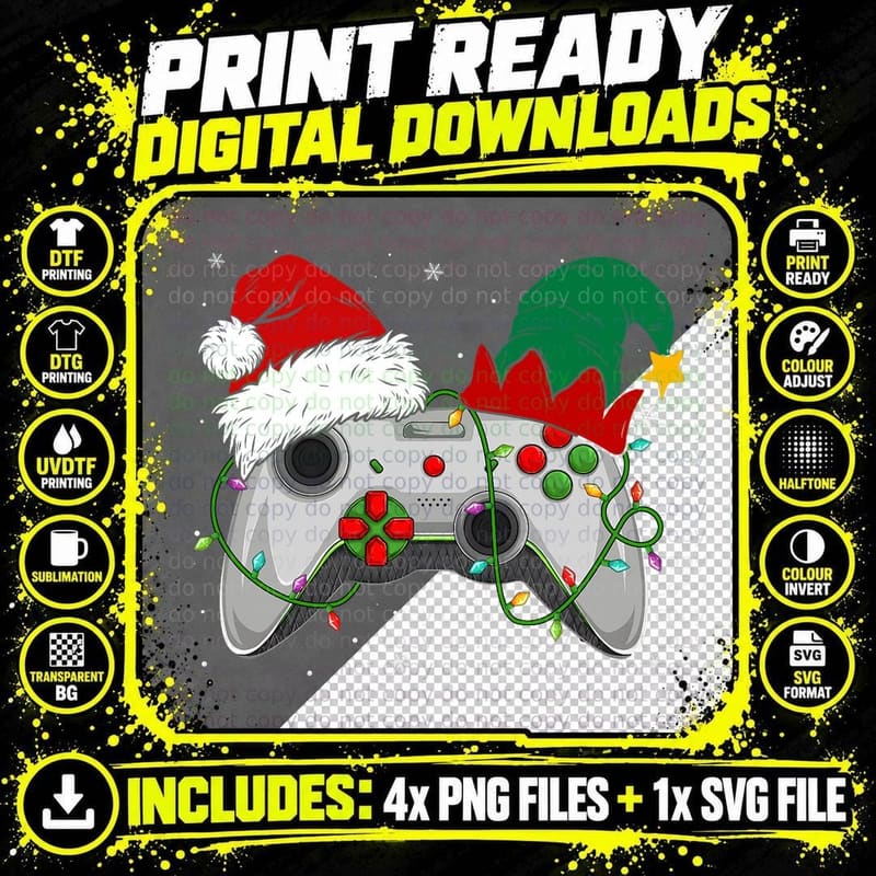 Video Game Controller Game Elf Santa Hat Christmas Xmas Png SVG Digital Bundle