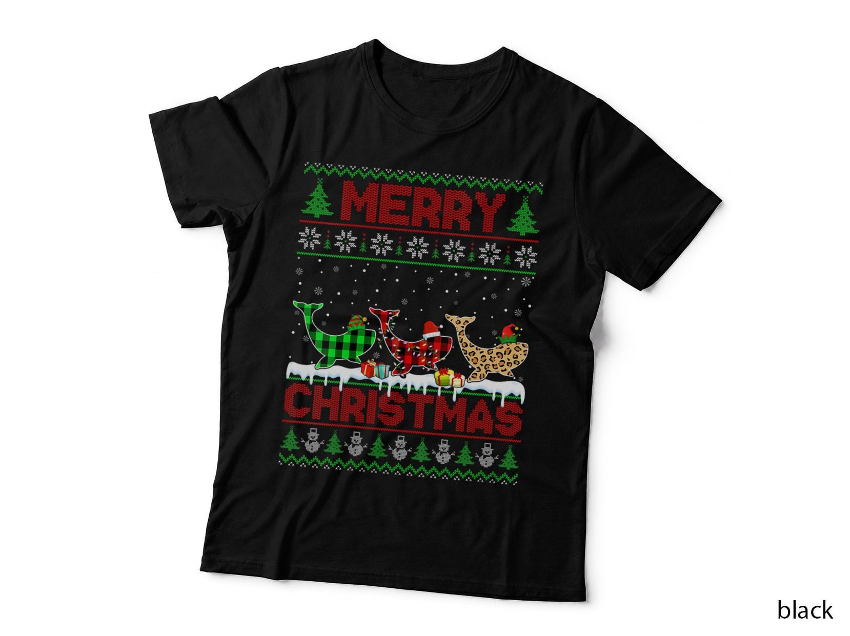 Whale Xmas Leopard Plaid Elf Santa Hat Christmas, Festive Wear T-Shirt