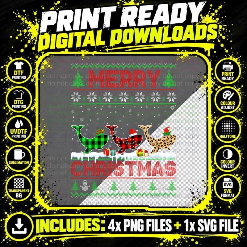 Whale Xmas Leopard Plaid Elf Santa Hat Christmas Png SVG Digital Bundle