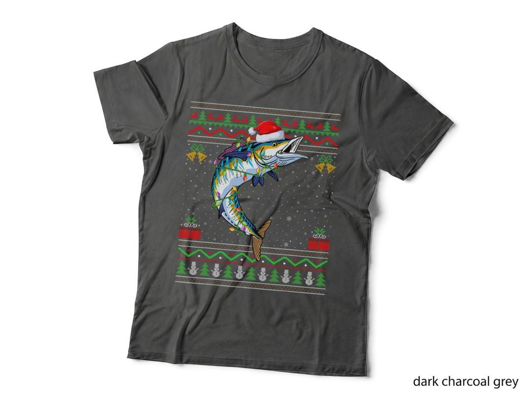 Xmas Lights Ugly Sweater Style Santa Wahoo Fish Christmas T-Shirt