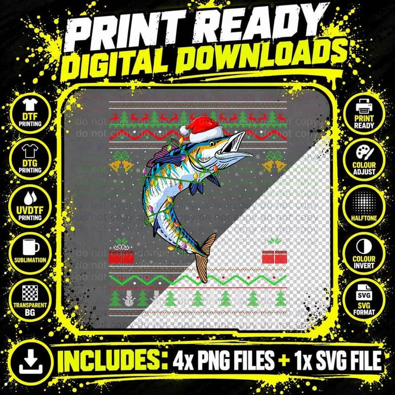 Xmas Lights Ugly Sweater Style Santa Wahoo Fish Png SVG Digital Bundle