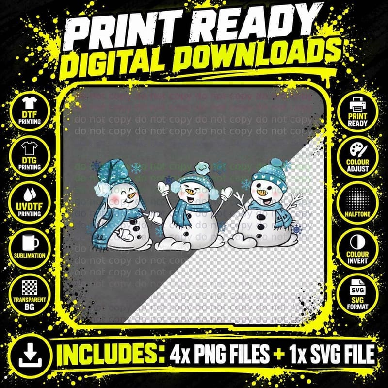 3 Winter Snowmen Crewneck Sweatshirt T-Shirt Png SVG Digital Bundle