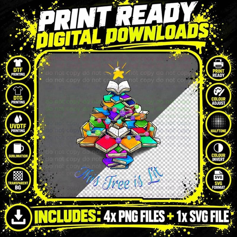 A Christmas Tree of Books That's Lit Crewneck Sweatshirt Png SVG Digital Bundle