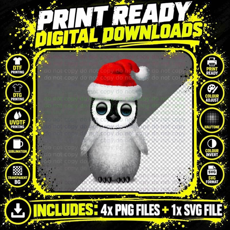 Baby Penguin Wearing a Santa Hat Crewneck Sweatshirt Png SVG Digital Bundle