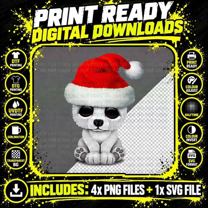 Baby Polar Bear Wearing a Santa Hat Crewneck Sweatshirt Png SVG Digital Bundle