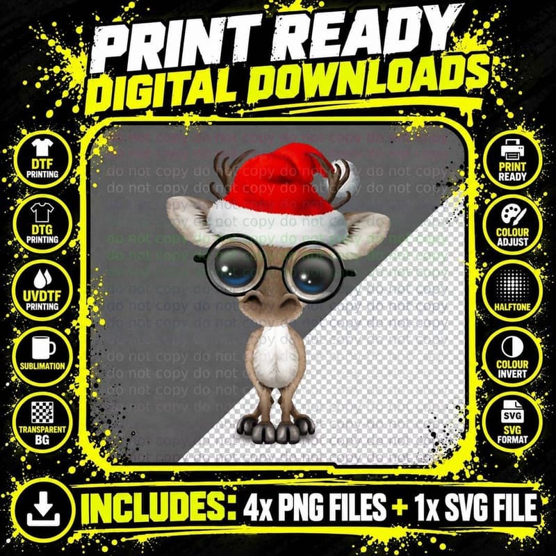 Baby Reindeer Wearing a Santa Hat and Glasses Crewneck Png SVG Digital Bundle