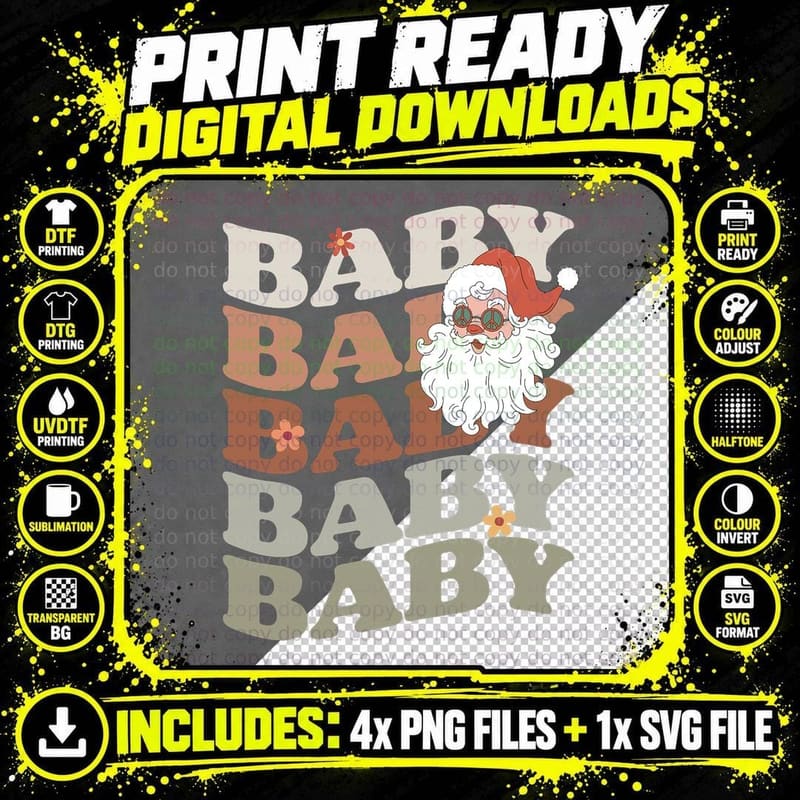 Baby Retro Santa Claus Groovy Christmas Xmas Party Png SVG Digital Bundle
