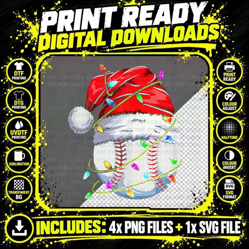 Baseball Santa Hat Snowman Christmas Lights Funny Xmas Png SVG Digital Bundle