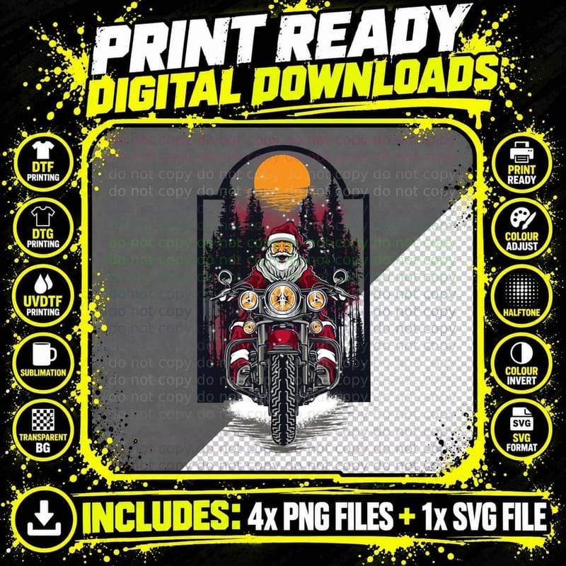 Biker Santa Claus - Christmas Motorcycle Design Crewneck Png SVG Digital Bundle