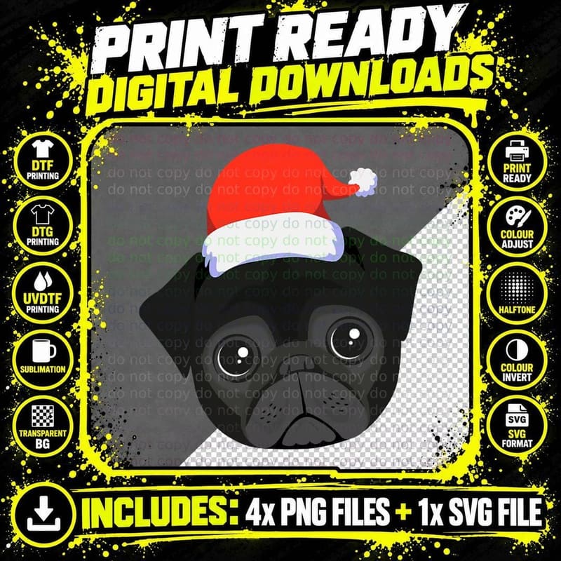 Black Pug Christmas Crewneck Sweatshirt, Festive Wear Png SVG Digital Bundle