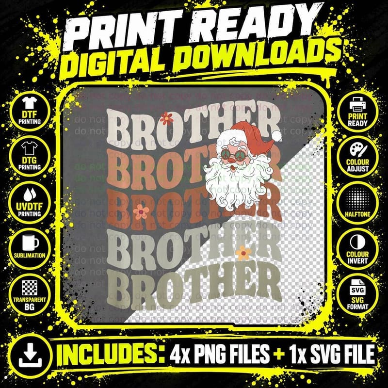 Brother Bro Retro Santa Claus Groovy Christmas Xmas Png SVG Digital Bundle
