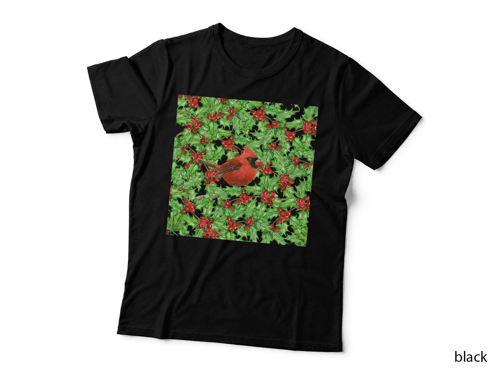 Cardinal and Holly Berry Watercolor Pattern Crewneck Sweatshirt T-Shirt