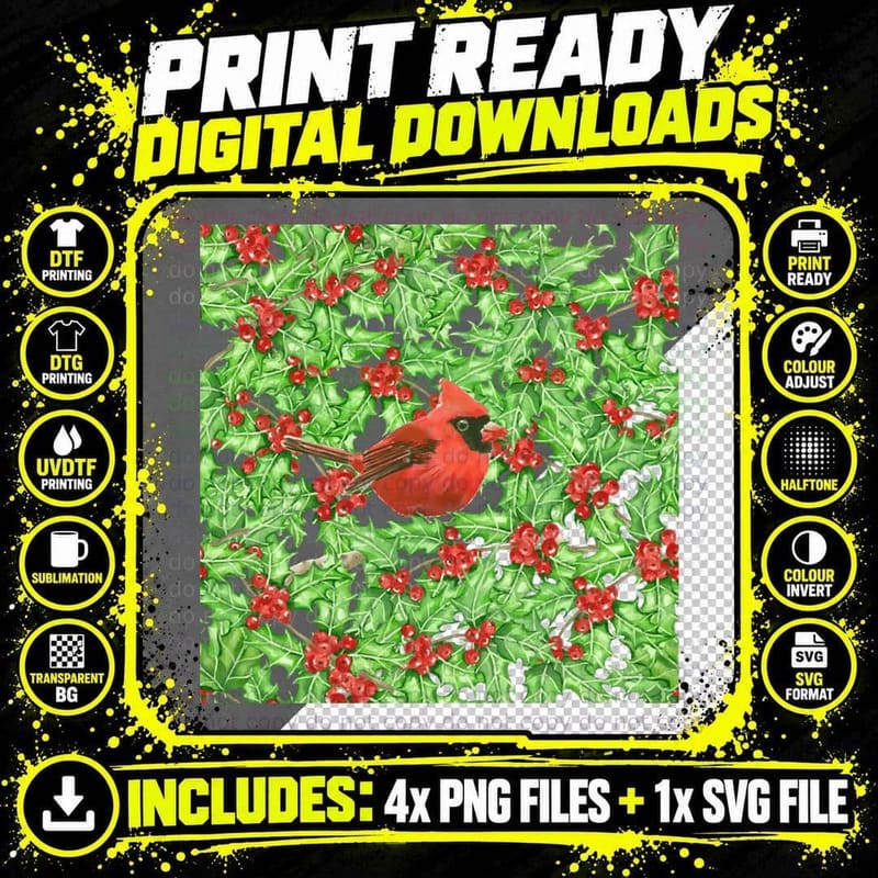 Cardinal and Holly Berry Watercolor Pattern Crewneck Png SVG Digital Bundle
