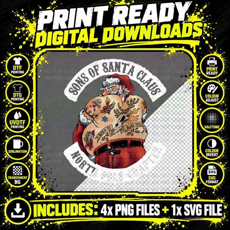 Christmas Biker Tattoo Mens Sons of Santa Claus T-Shirt Png SVG Digital Bundle