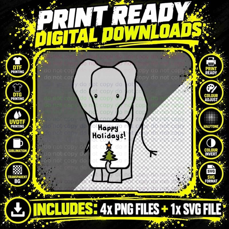 Christmas Elephant Says Happy Holidays Crewneck Png SVG Digital Bundle