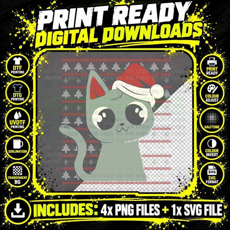 Christmas Funny Cat Xmas Santa Style Ugly Christmas Png SVG Digital Bundle