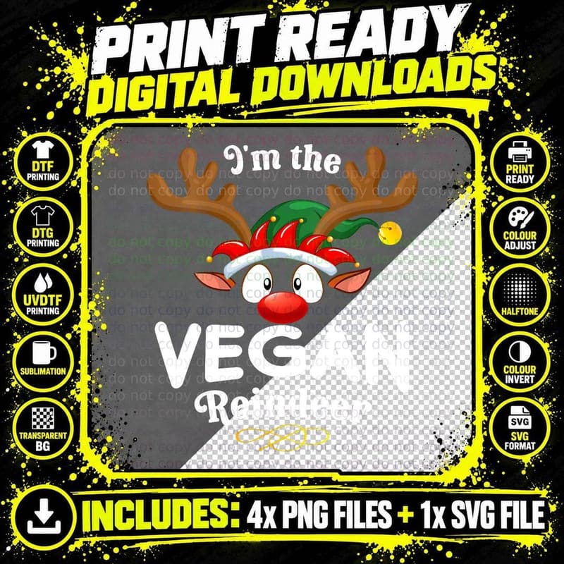 Christmas PJS Vegan Xmas Reindeer Matching T-Shirt Png SVG Digital Bundle