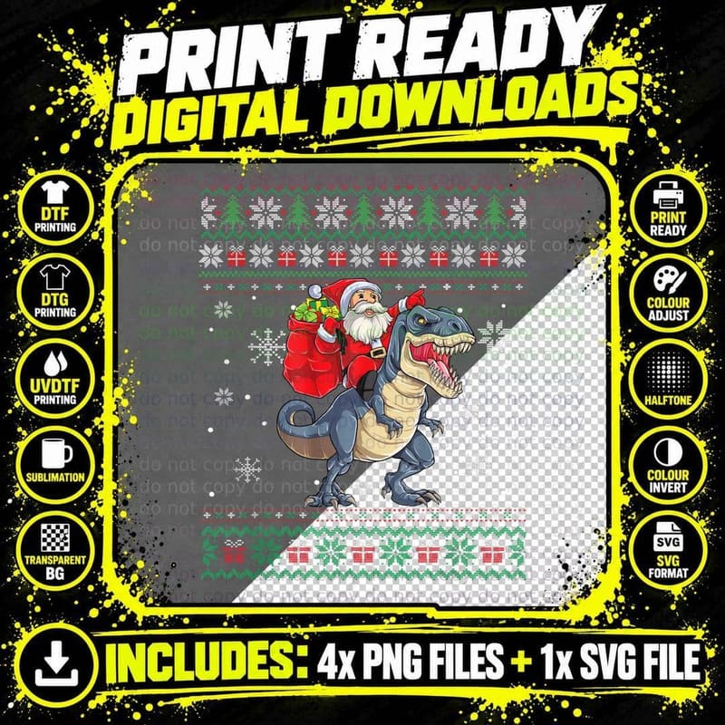Christmas Santa Riding Dinosaur T Rex Ugly Christmas Png SVG Digital Bundle