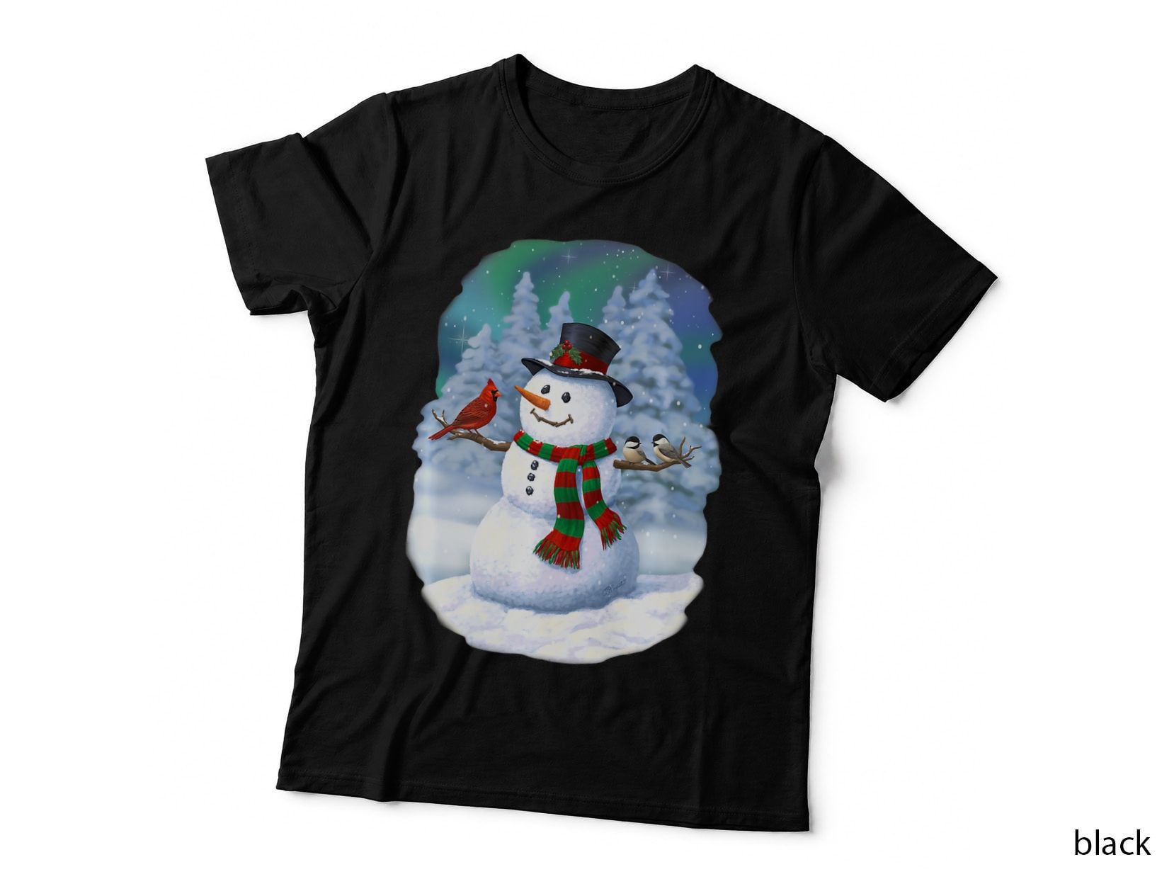 Christmas Snowman Cardinal Bird Chickadees Winter Snow Scene T-Shirt, Gift Tee