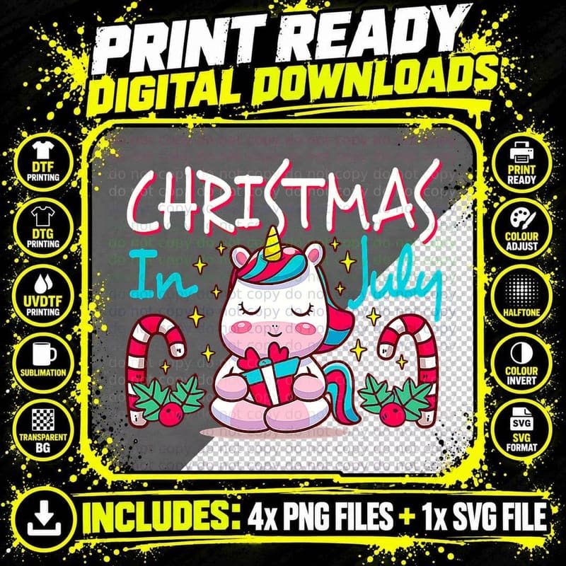 Christmas in July Unicorn Party Summer Vacation Girls Png SVG Digital Bundle