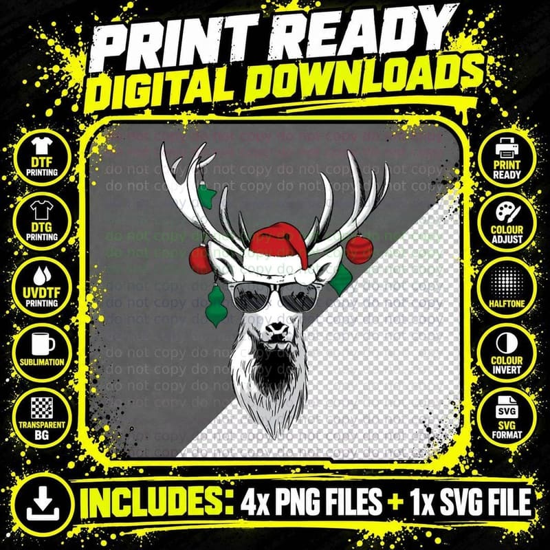 Cool Reindeer with Sunglasses Funny Christmas Design Png SVG Digital Bundle