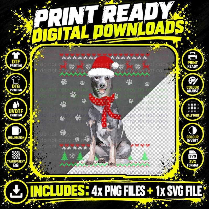 Cute Australian Cattle Dog Ugly Christmas Sweater Santa Png SVG Digital Bundle