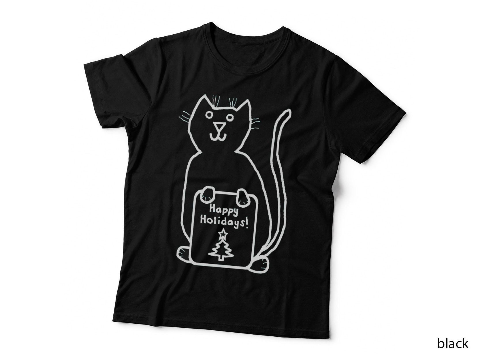 Cute Christmas Cat Says Happy Holidays Line Drawing Crewneck Sweatshirt T-Shirt