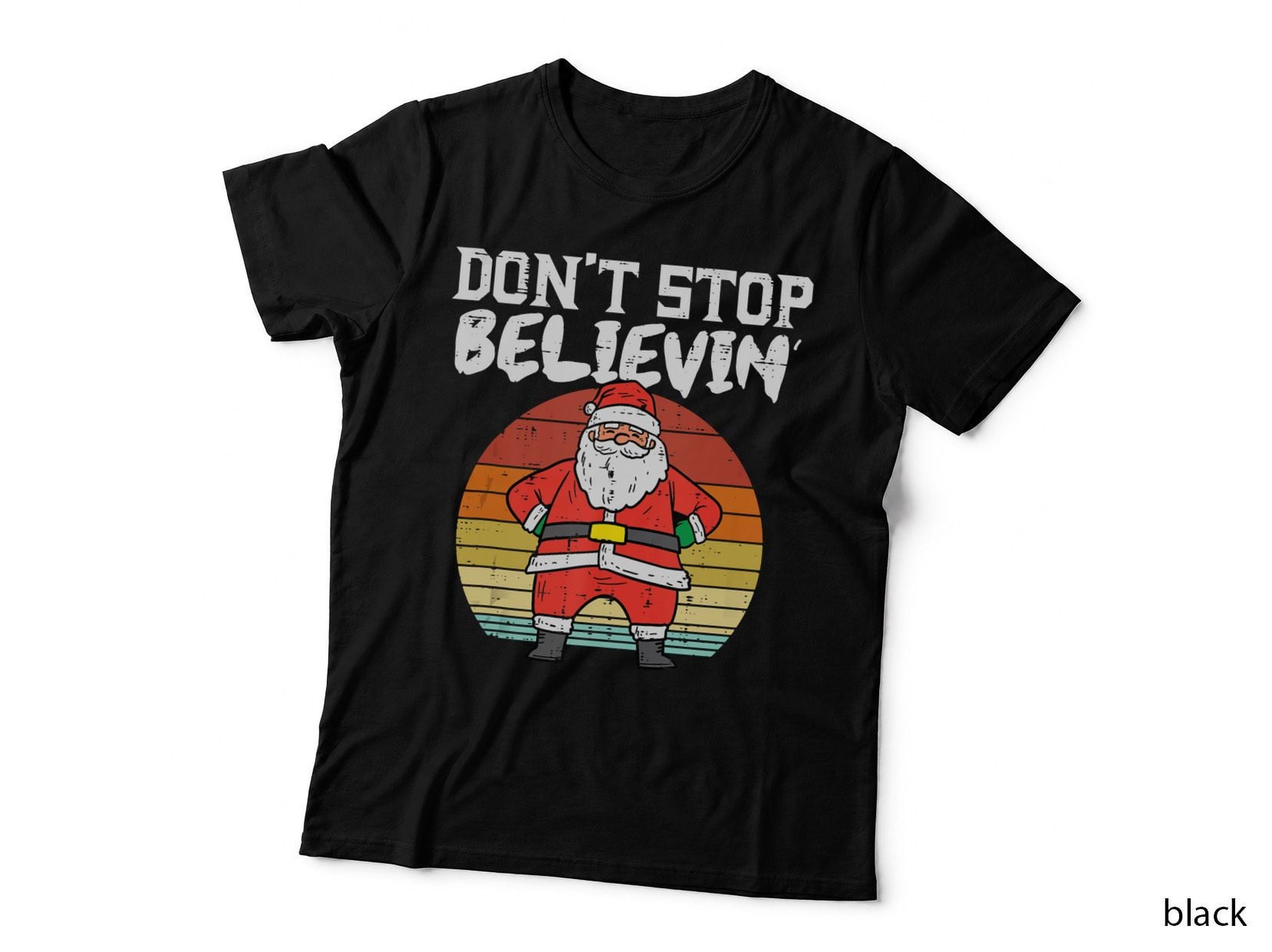 Don't Stop Believin Santa Retro Christmas Pjs Xmas Pajamas T-Shirt, Gift Tee