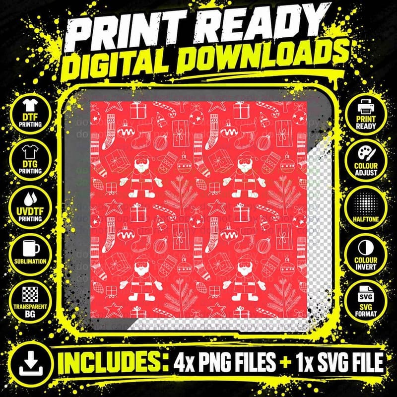 Doodle Christmas Pattern Red Crewneck Sweatshirt Png SVG Digital Bundle