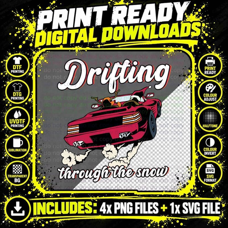 Funny Car Driving Santa and Reindeer Are Drifting Png SVG Digital Bundle