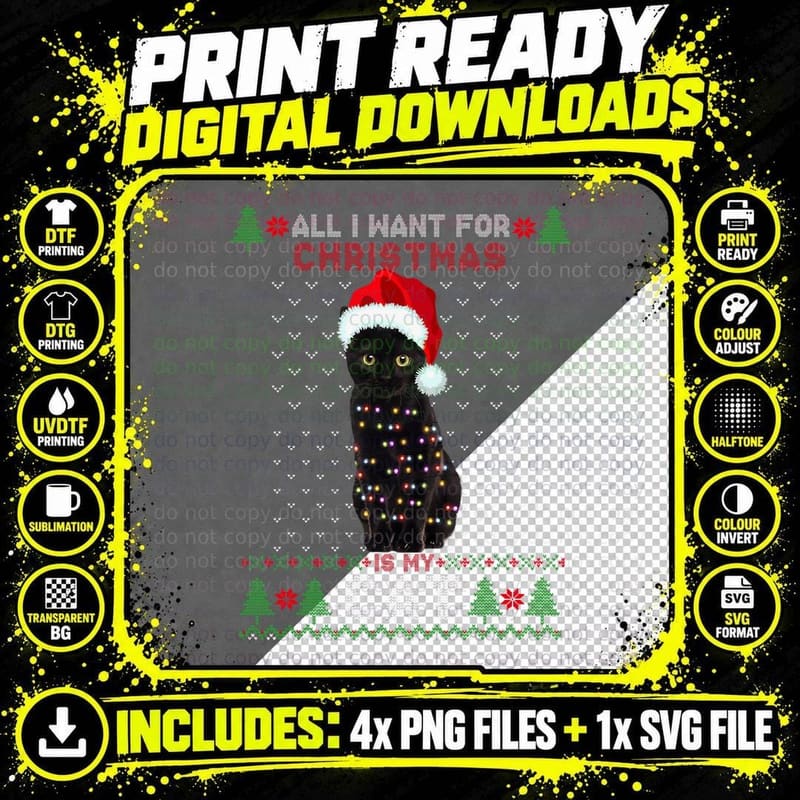 Funny Cat Lovers Cute Cat Santa Hat Ugly Christmas Png SVG Digital Bundle