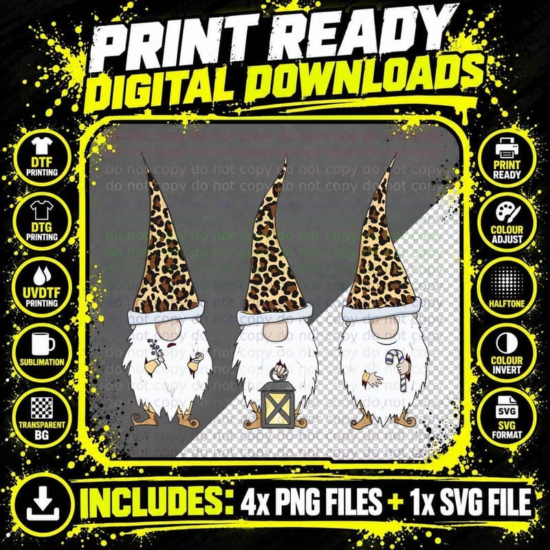 Funny Gnome Tee - Cute Vintage Gnomes Leopard Christmas Png SVG Digital Bundle