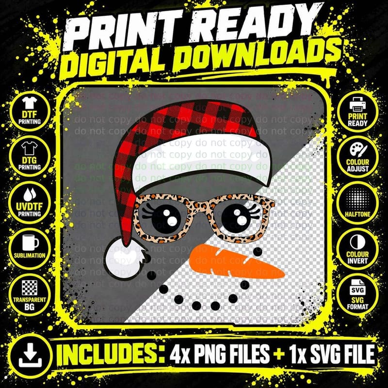 Funny Snowman Face Glasses Christmas Eyelashes Leopard Png SVG Digital Bundle