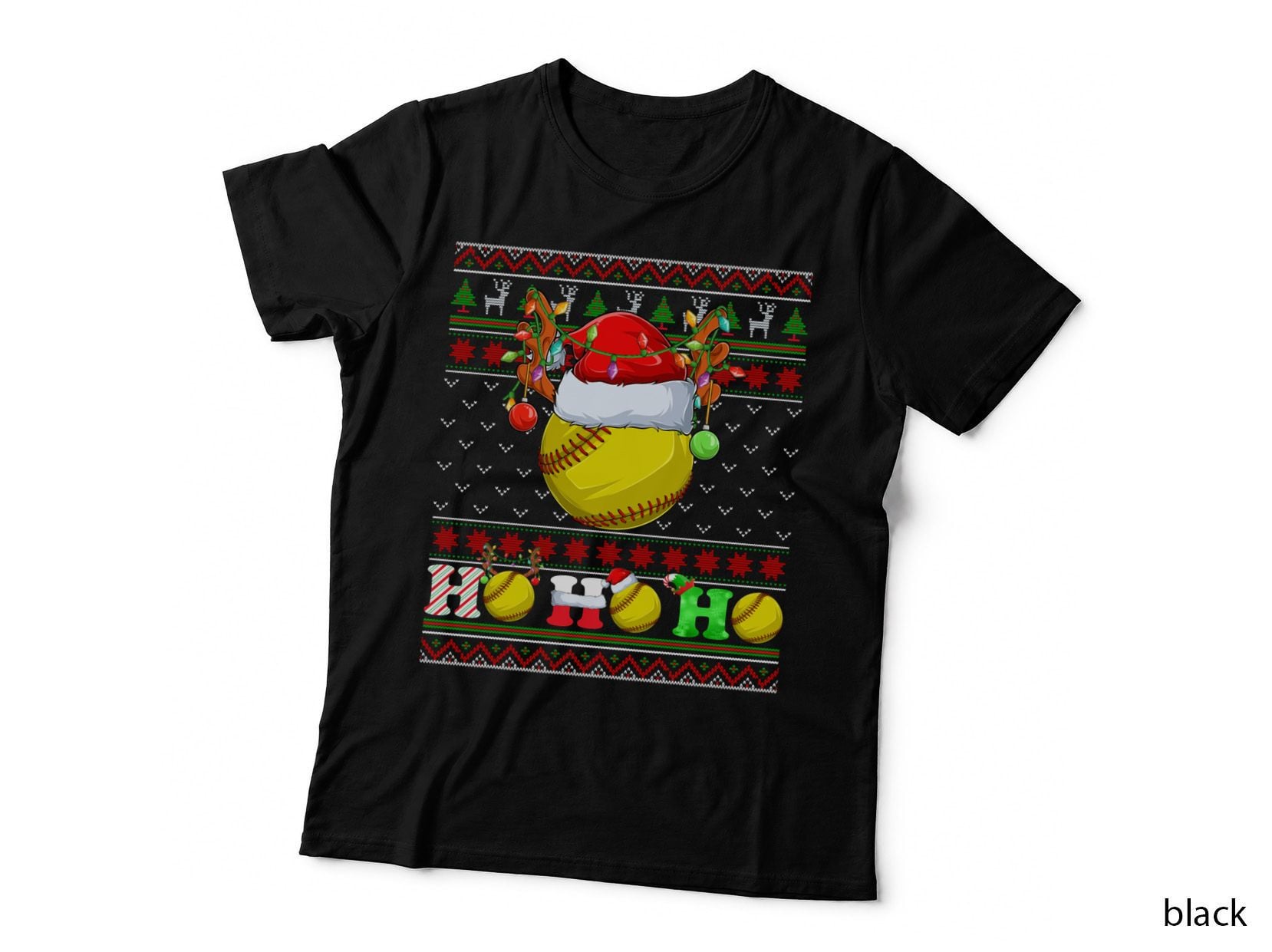 Funny Softball Ball Xmas Tree Lights Ugly Christmas Sweater T-Shirt
