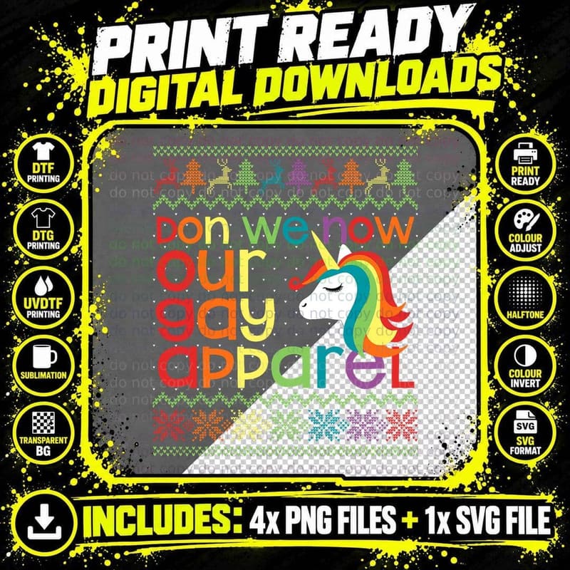 Gay Christmas Rainbow Unicorn Don We Now Our Gay Apparel Png SVG Digital Bundle
