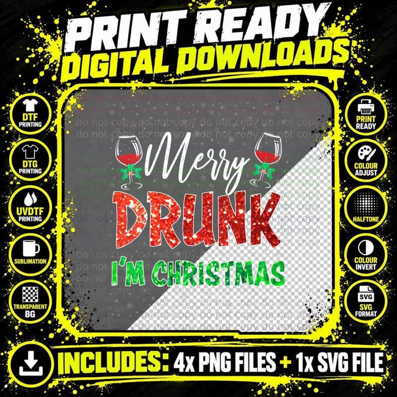 Glass of Red Wine Merry Drunk I'm Christmas Funny Xmas Png SVG Digital Bundle