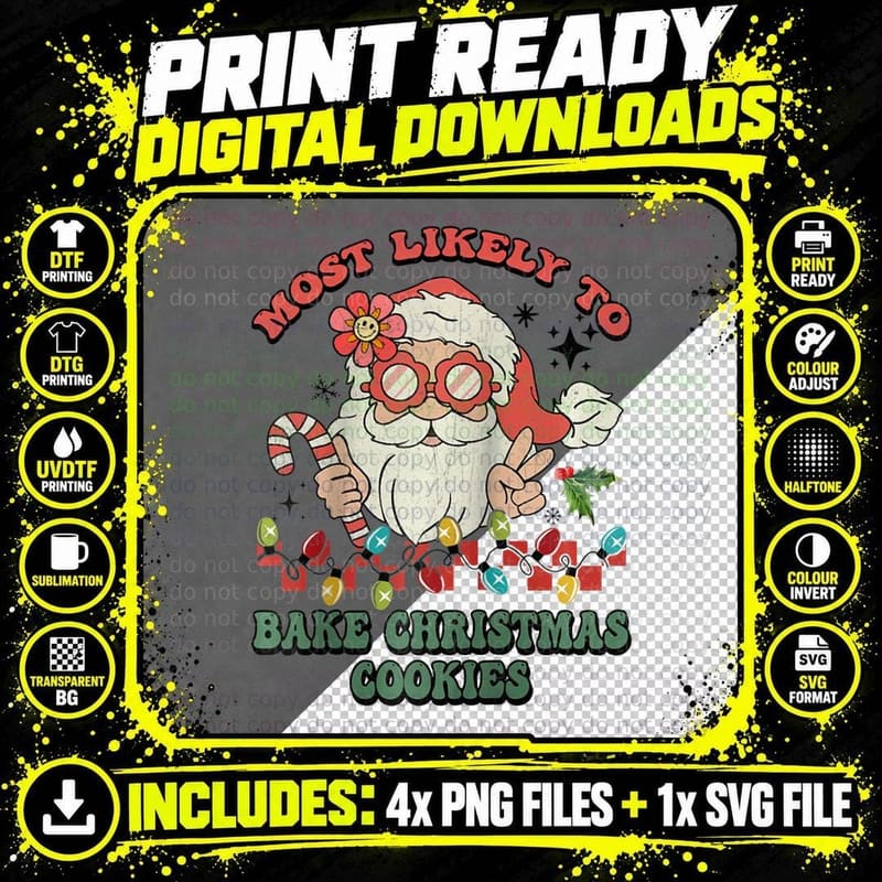 Groovy Retro Christmas Most Likely to Bake Cookies Png SVG Digital Bundle