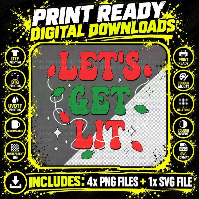 Groovy Retro Let's Get Lit Christmas Lights Drinking Png SVG Digital Bundle