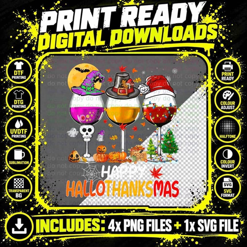Happy Hallothanksmas Wine Glasses Witch Santa Hat Png SVG Digital Bundle