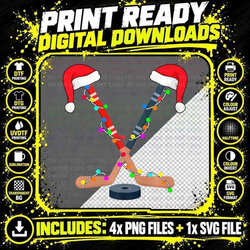 Hockey Santa Hat Christmas Lights Funny Sport Xmas Boys Png SVG Digital Bundle