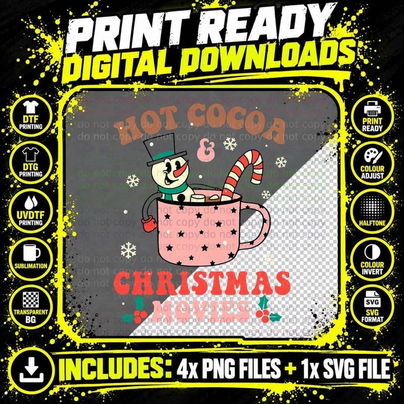 Hot Cocoa Christmas Movies Retro Xmas Snowman Happy Png SVG Digital Bundle