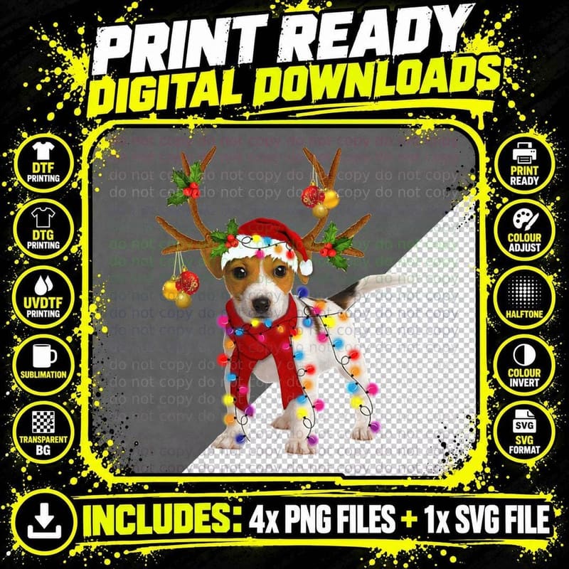 Jack Russell Dog Gorgeous Reindeer Christmas Lights Tree Png SVG Digital Bundle