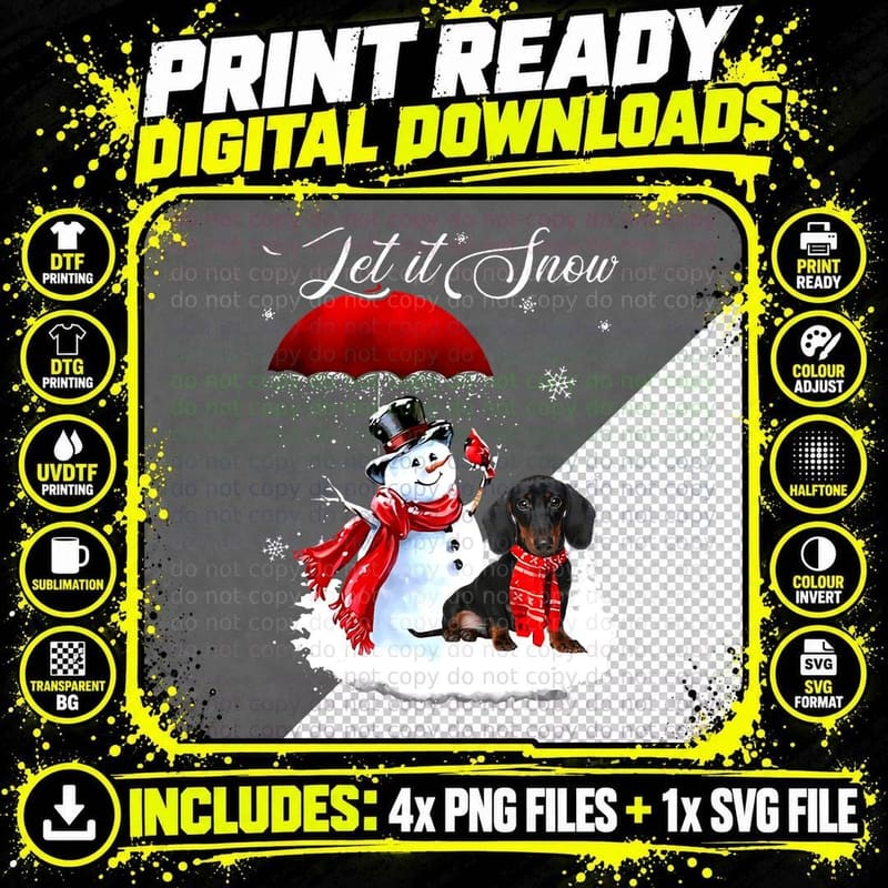 Let It Snow Xmas Cute Dachshund and Snowman Christmas Png SVG Digital Bundle