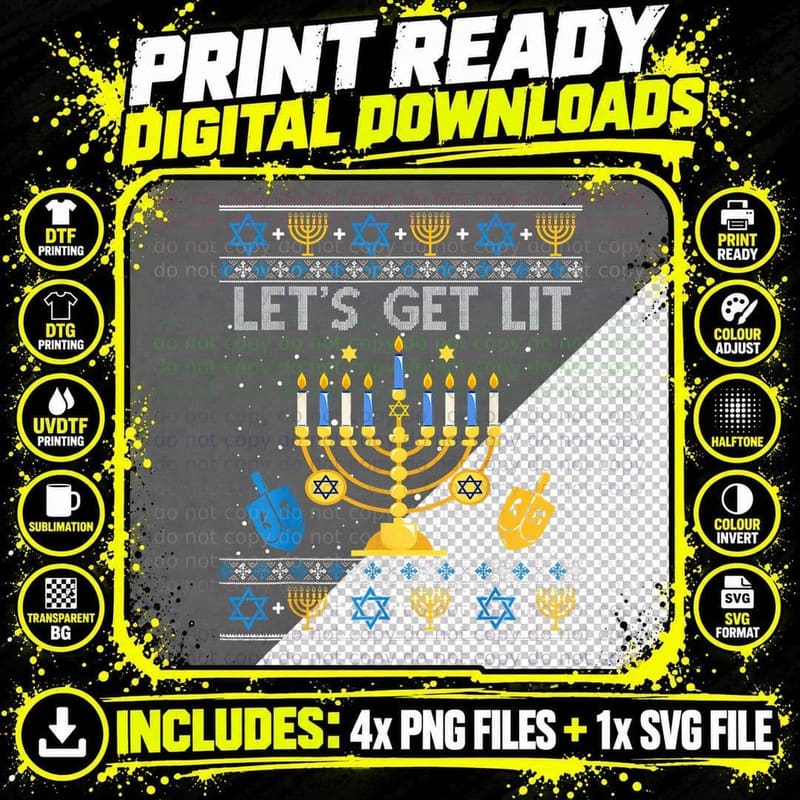 Lets Get Lit Chanukah Hanukkah Christmas Ugly Sweater Png SVG Digital Bundle