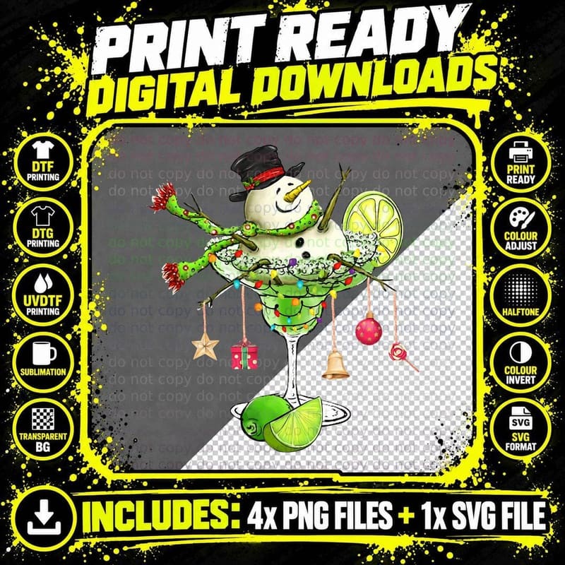 Margarita Glass & Snowman with Light Bulbs Cocktail Png SVG Digital Bundle